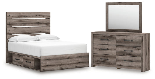 Graystorm Full Panel Bed with Storage with Mirrored Dresser