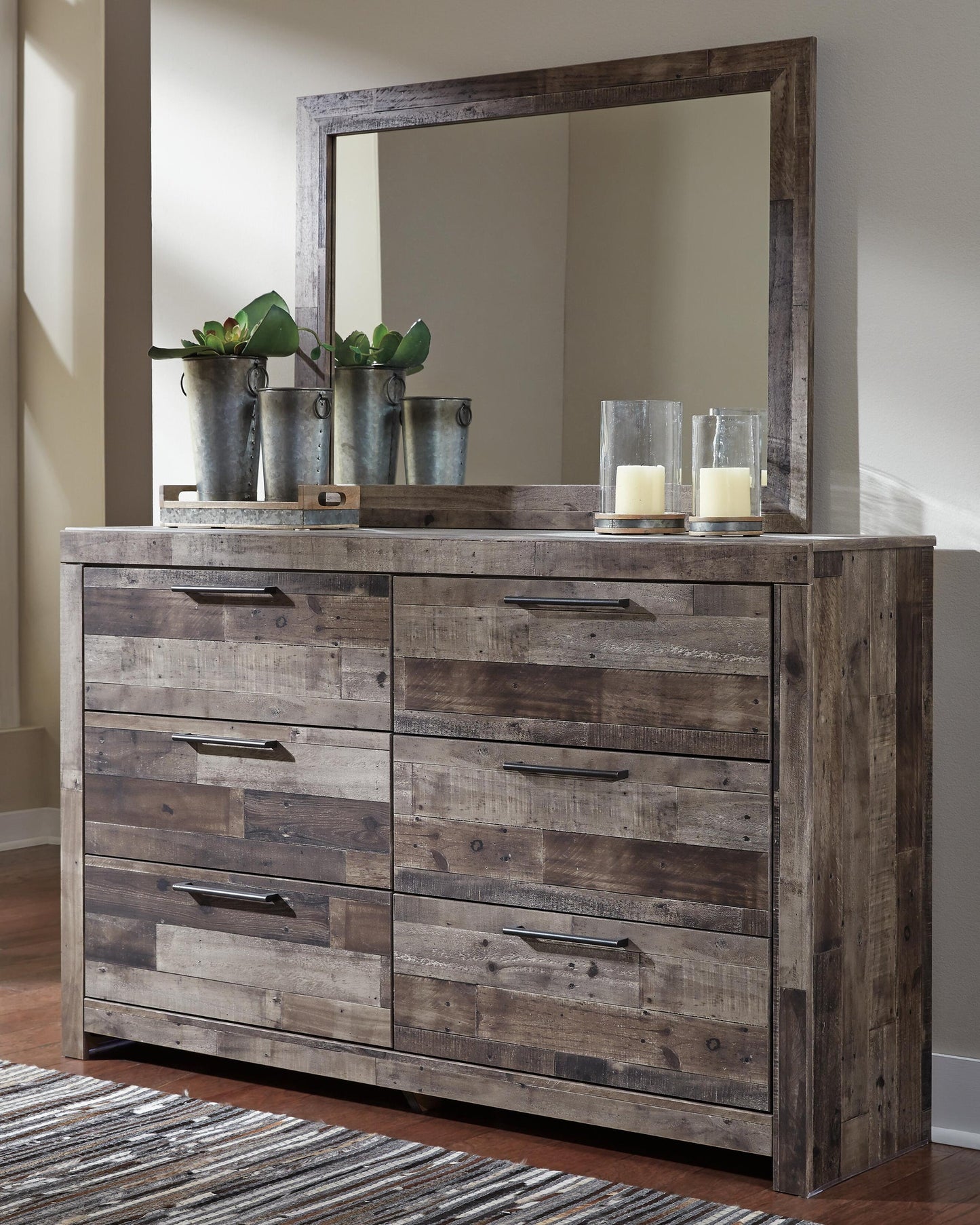 Derekson Queen/Full Panel Headboard Bed with Mirrored Dresser, Chest and Nightstand