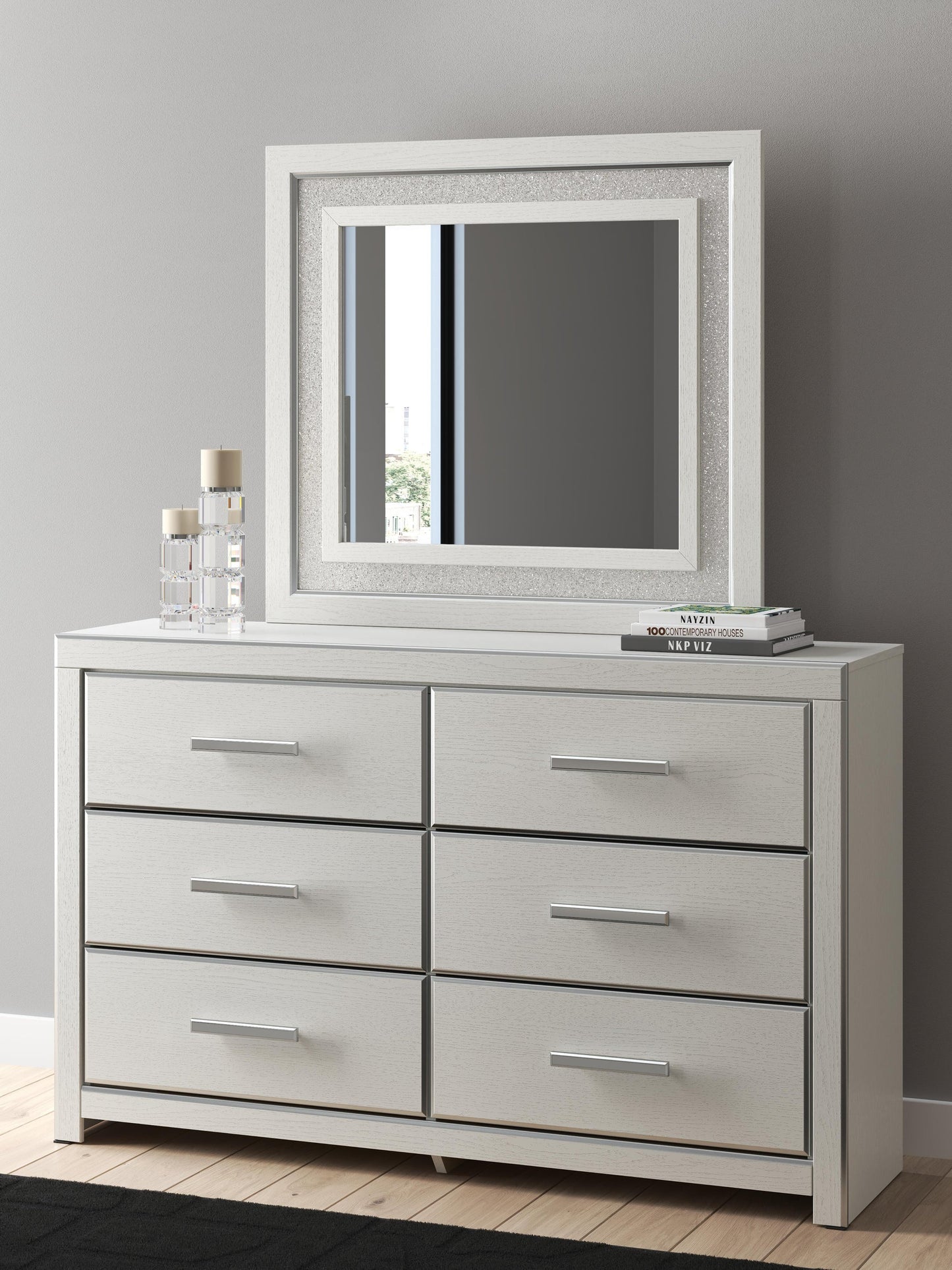 Zuraleus King Upholstered Panel Platform Storage Bed, Dresser, Mirror and Nightstand