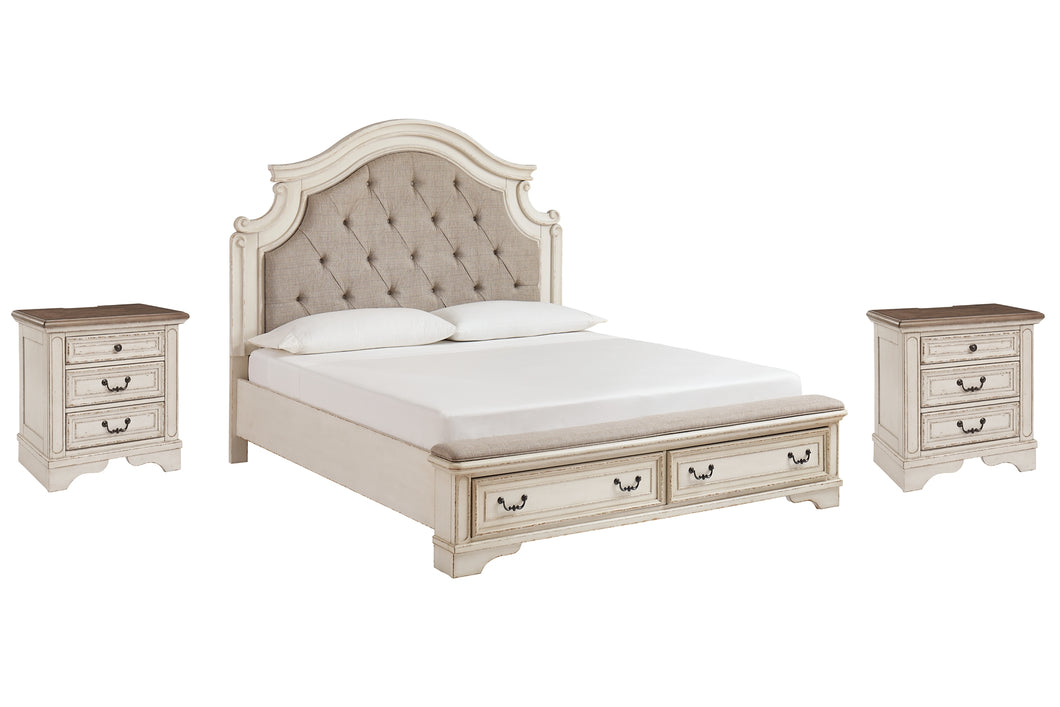 Realyn California King Upholstered Bed with 2 Nightstands